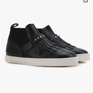 Hogan Black Leather Ankle Sneaker Boots Slip-on Studded with Fringes 37,5 US 7,5